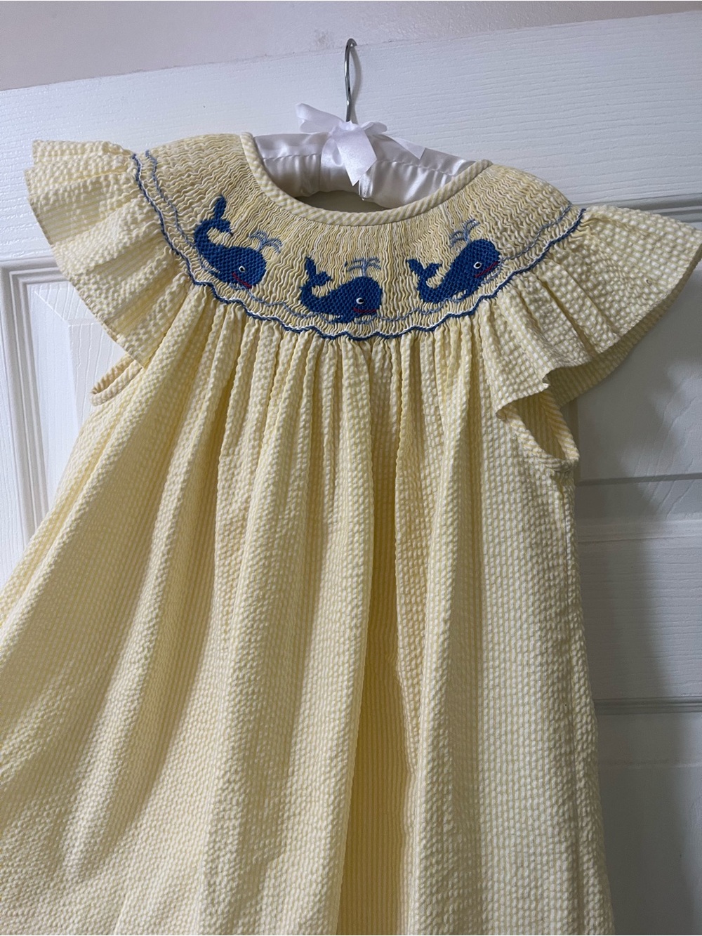 Classic Whimsey Yellow Seersucker Smocked Whale Dress for Girls 5T